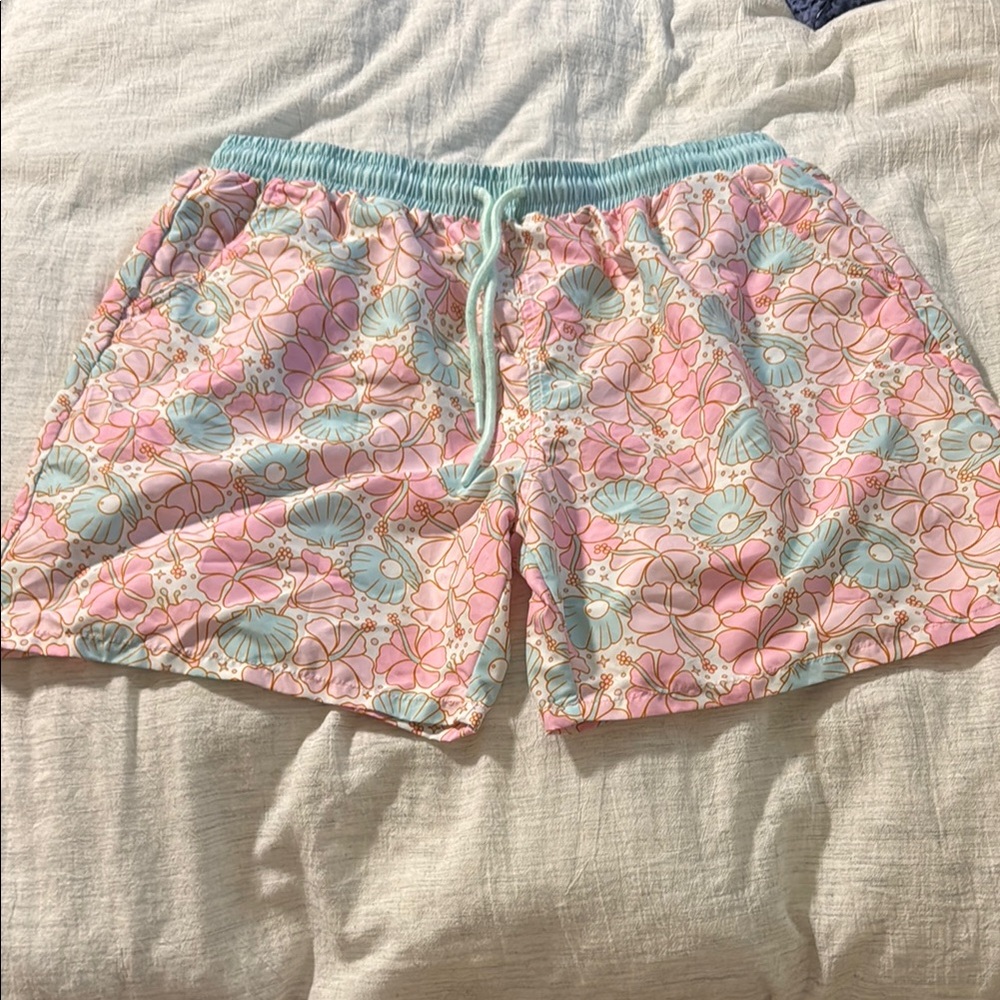 Caden Lane Pink and Blue Swim Trunks with Tropical Print